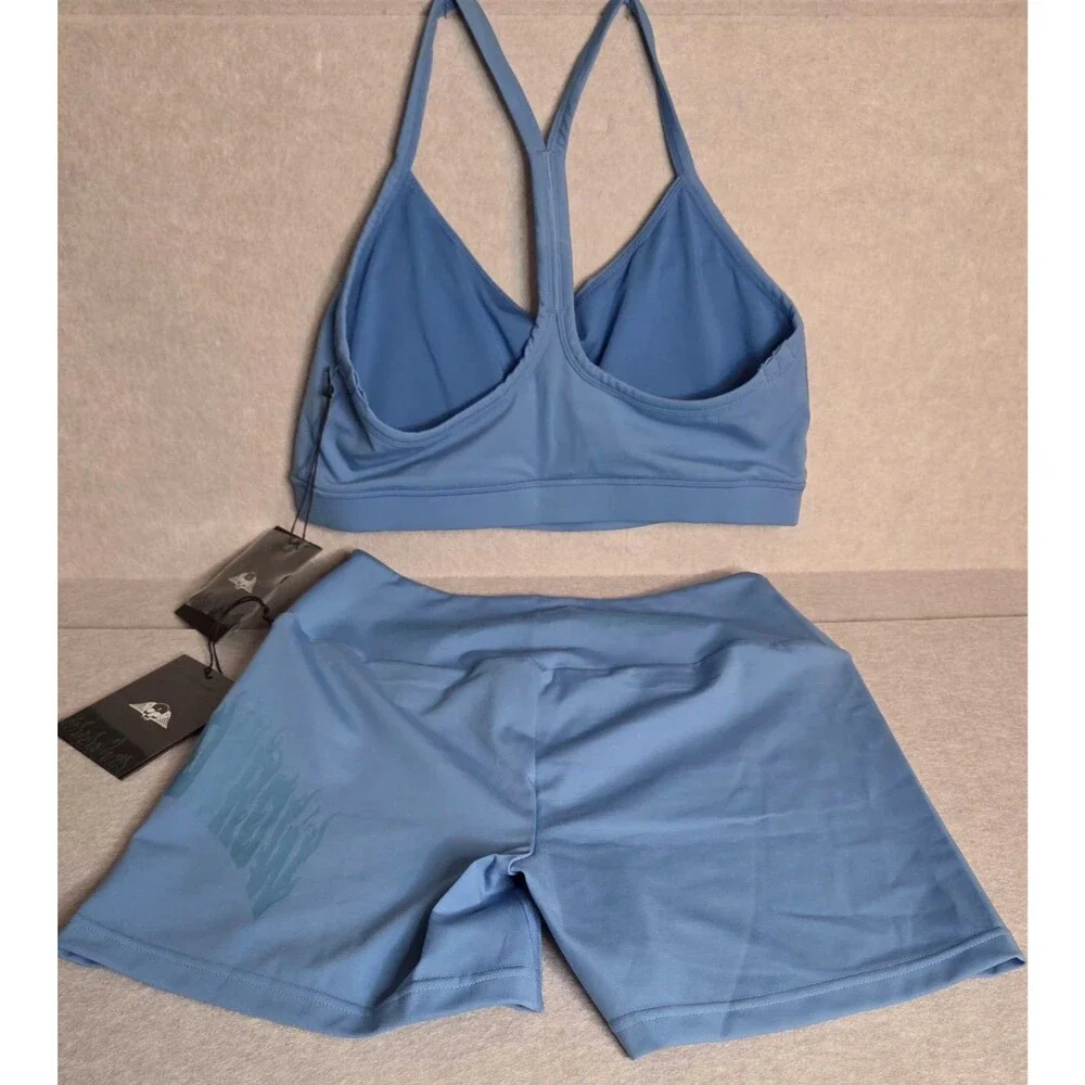 CIVIL REGIME No Tomorrow Women's Large Blue Sports Bra Shorts 2 Piece Set NWT